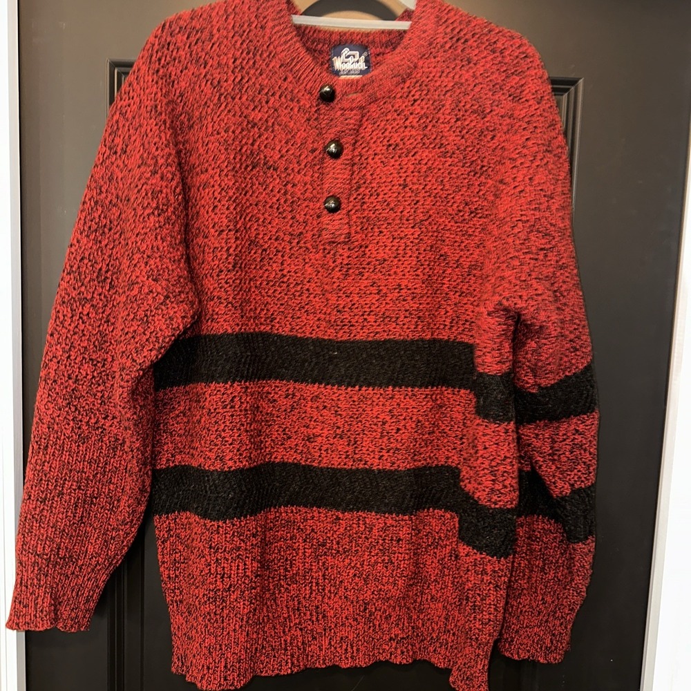 Woolrich Mens Medium Red Wool Blend Pullover Crew Sweater 80s Henley‎ Vtg XL